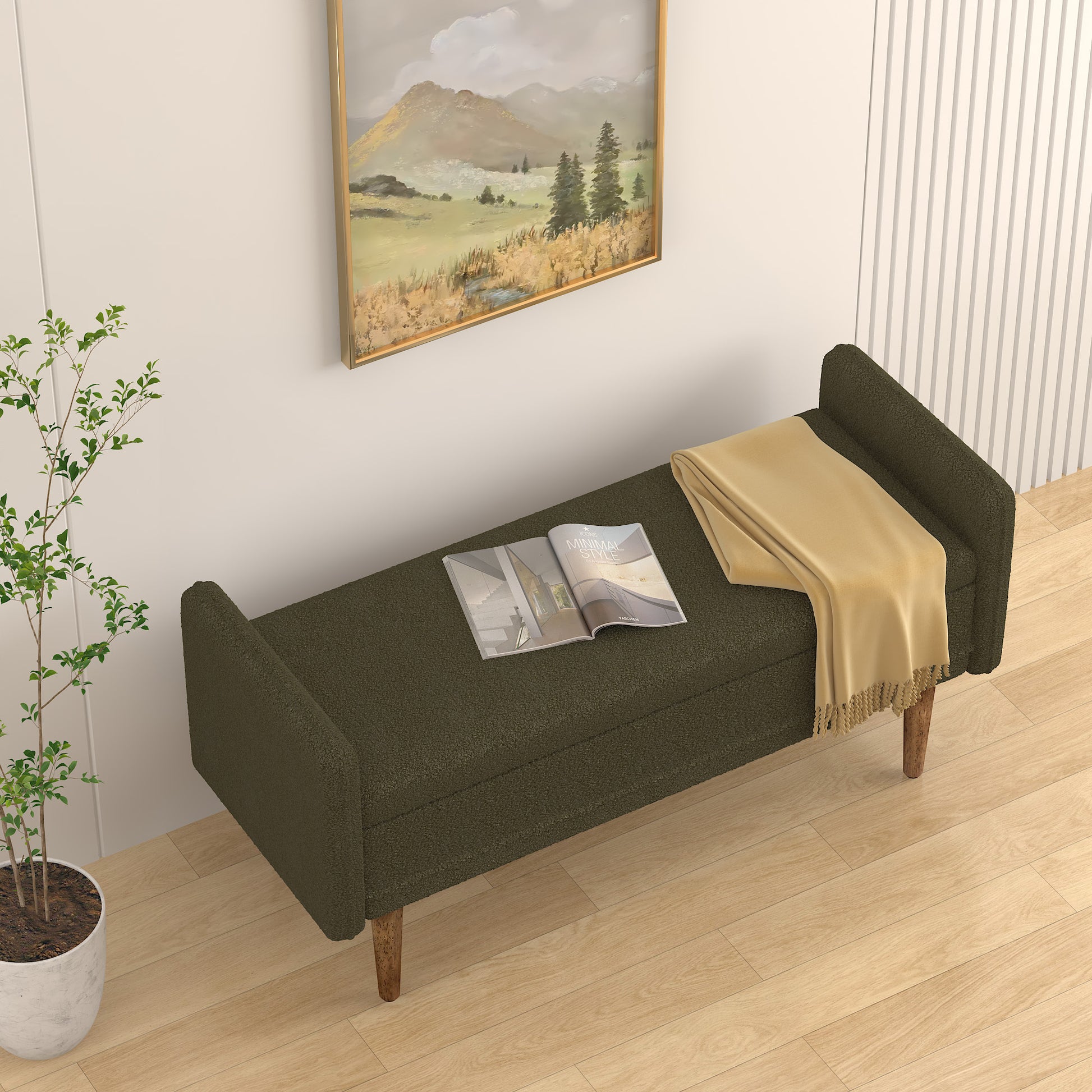 Dark green fabric storage bench with gold throw
