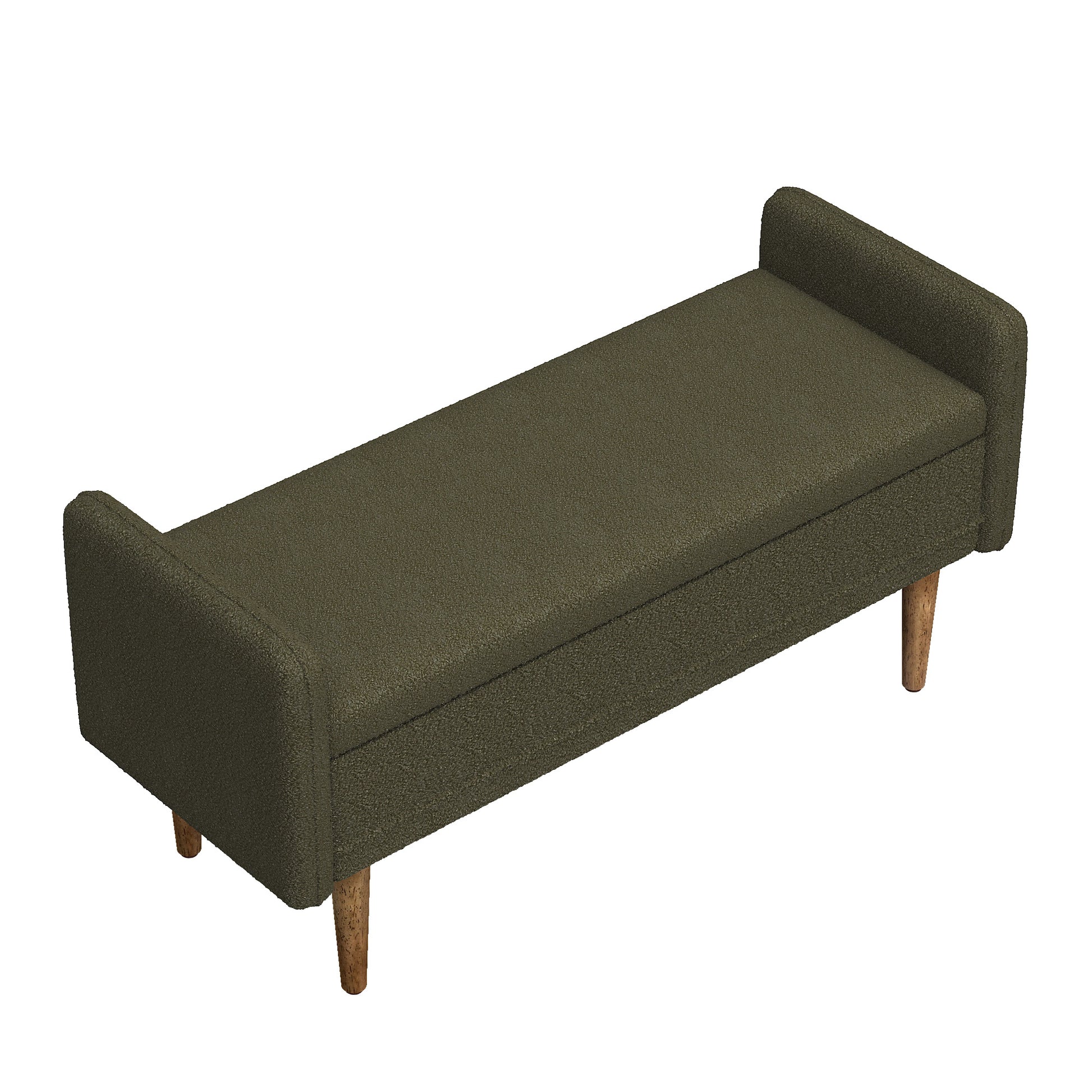 Olive green upholstered storage bench with tufted lid and wooden legs