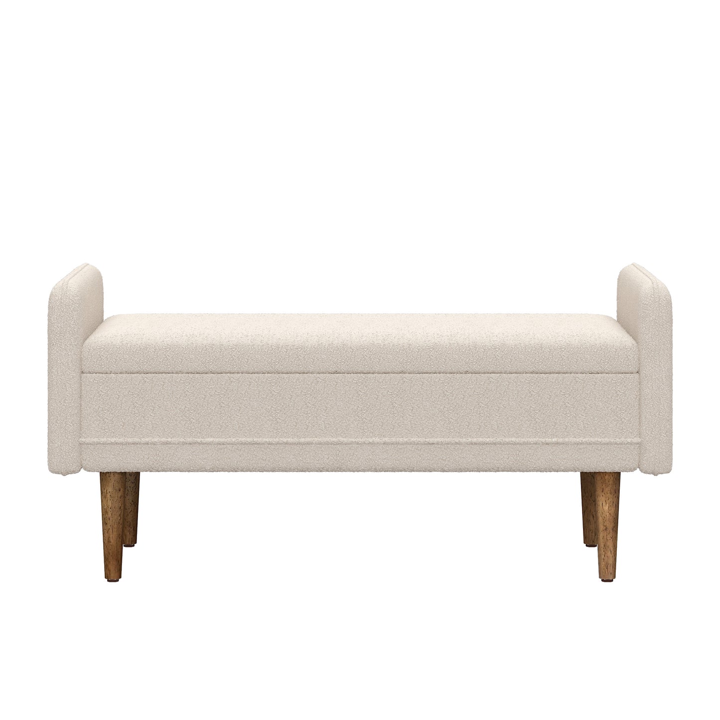 Cream boucle upholstered bench with wooden legs