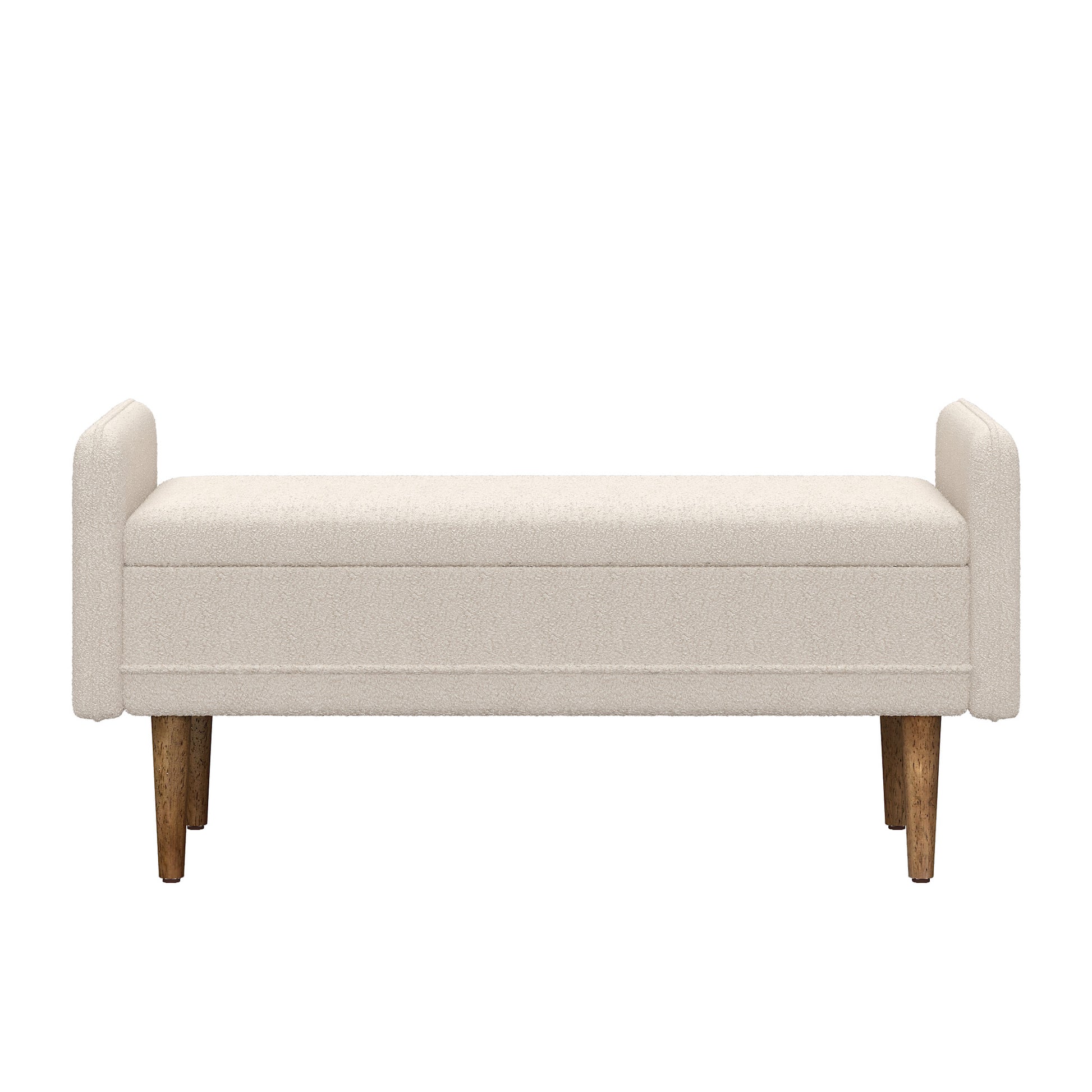 Cream boucle upholstered bench with wooden legs