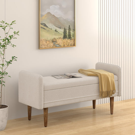 Cream boucle storage bench with wooden legs