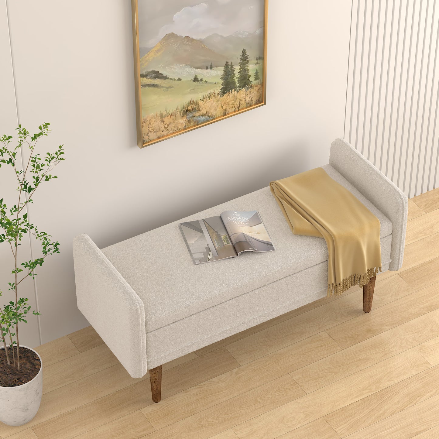 Cream boucle upholstered bench with wooden legs