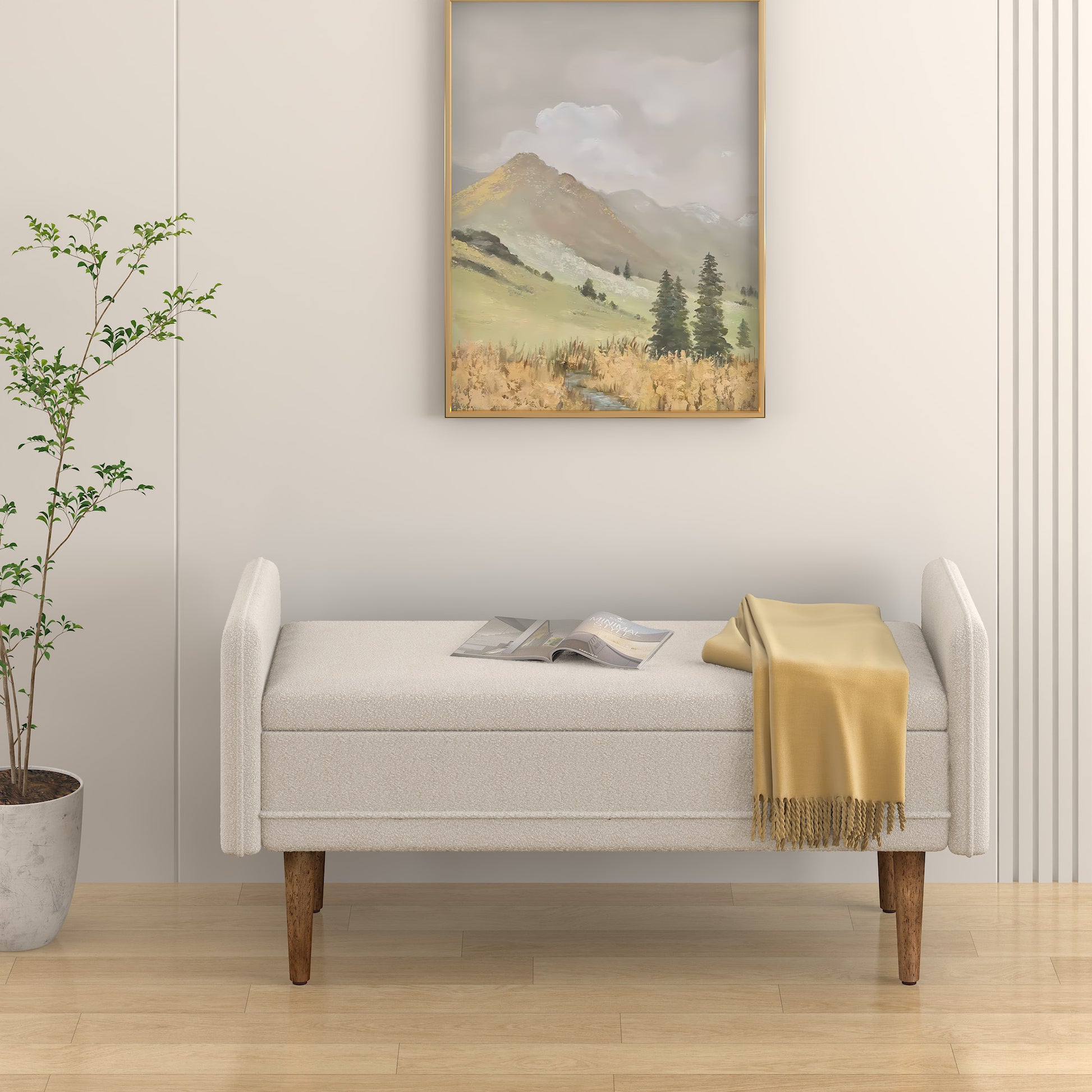 Cream boucl storage bench with rolled arms and dark wood legs