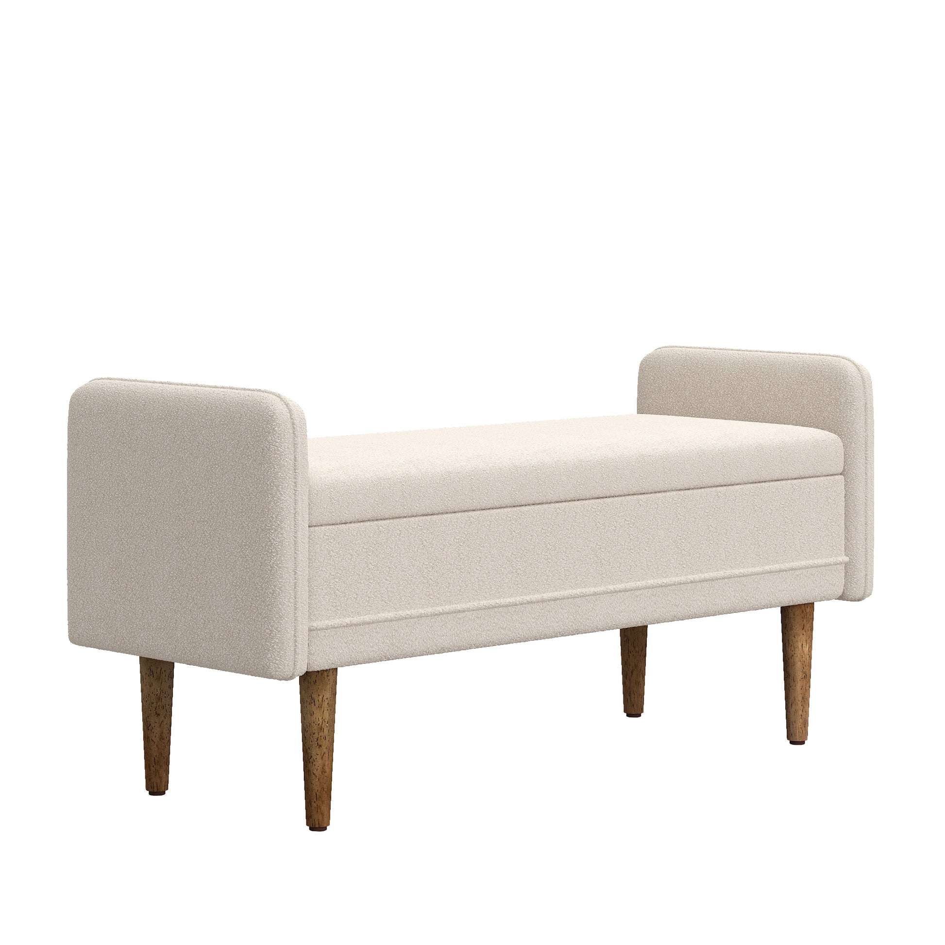 Cream boucle storage bench with tapered wooden legs