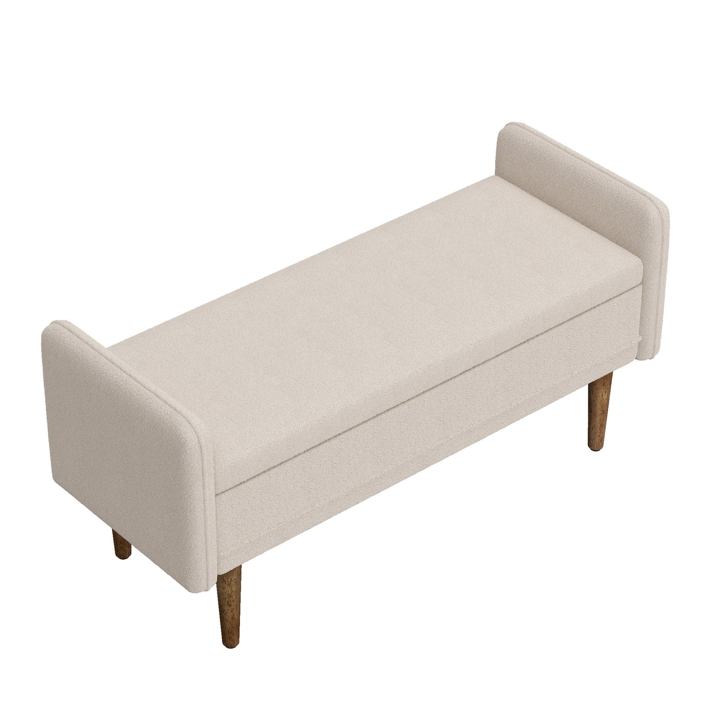 Cream boucle storage bench with tapered wooden legs