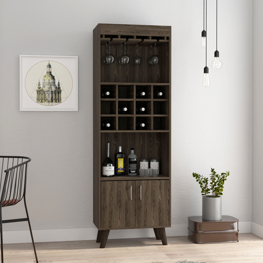 Tall wooden wine cabinet with glass rack and bottle storage