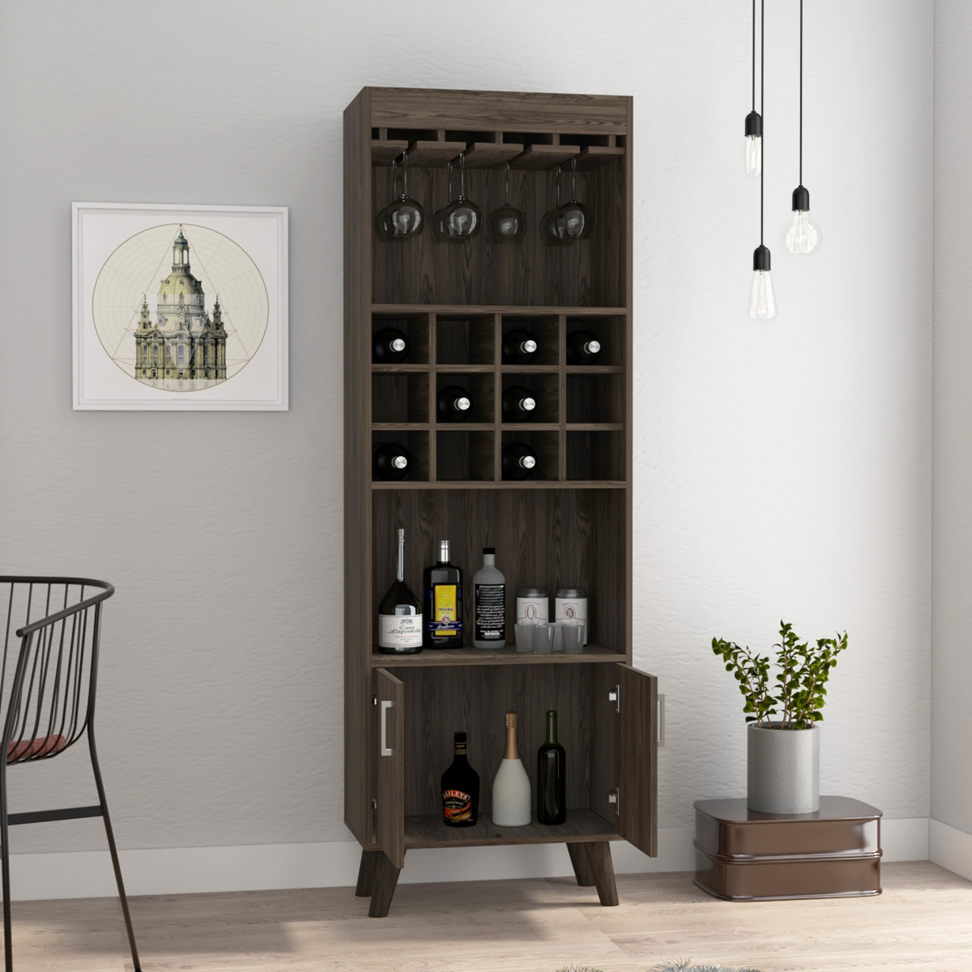 Tall dark wood wine cabinet with hanging glass rack and bottle shelves