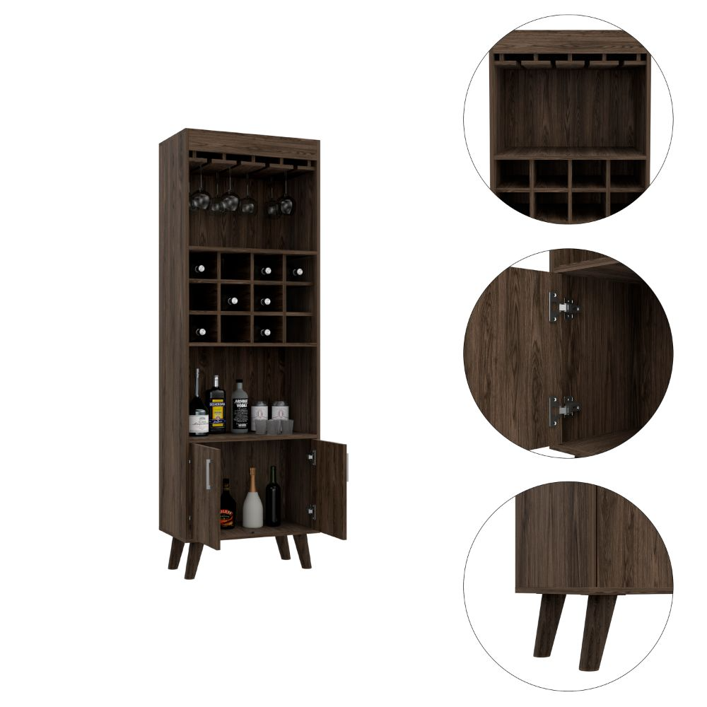 Dark wood tall bar cabinet with wine rack and glass holders