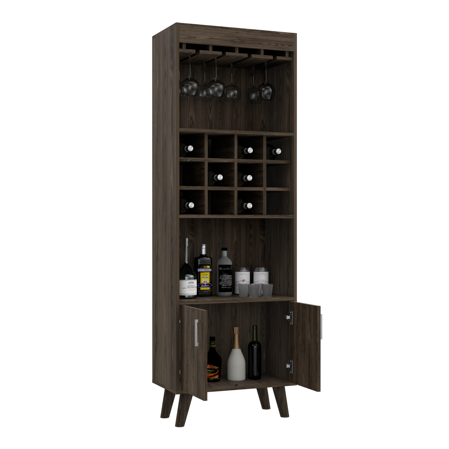Dark wood bar cabinet with glass holders and wine rack