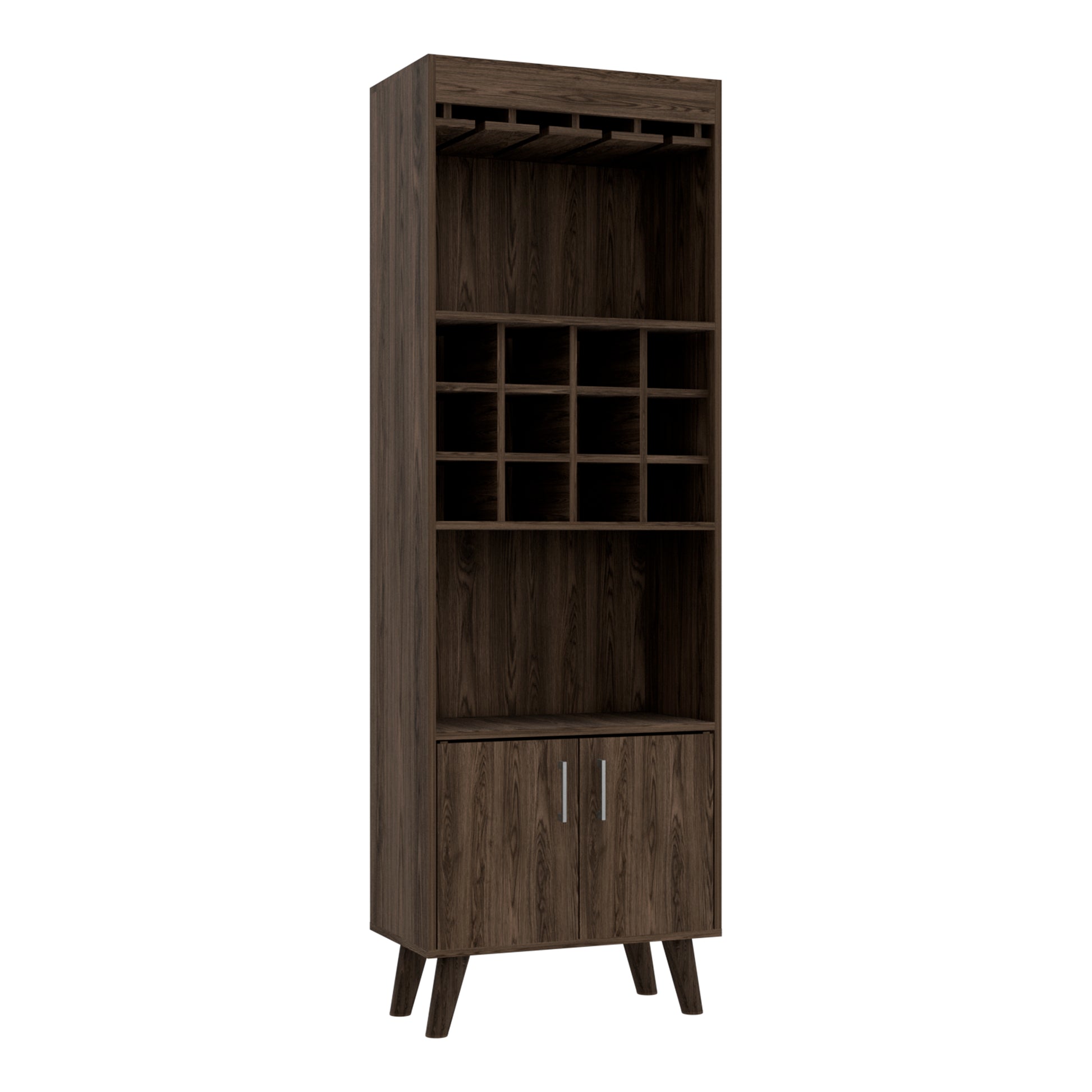 Tall dark wood bar cabinet with wine glass rack and bottle cubbies