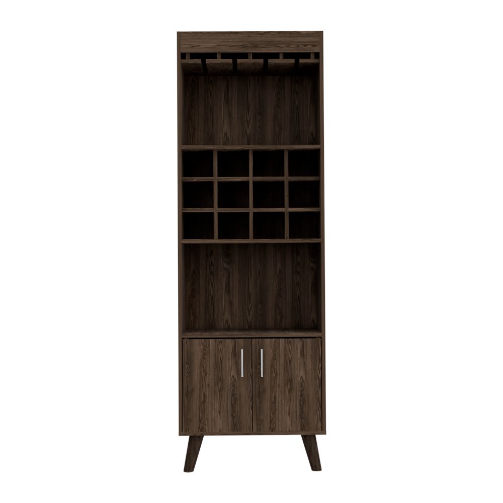 Tall dark wood beverage cabinet with glass rack and  cubbies