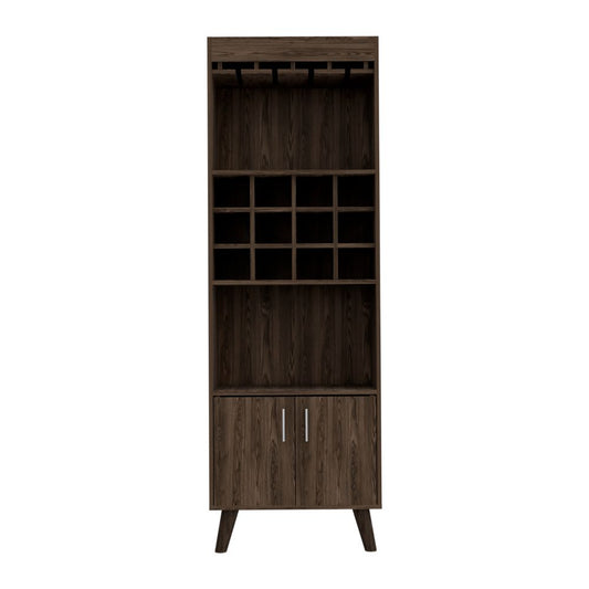 Tall dark wood beverage cabinet with glass rack and  cubbies