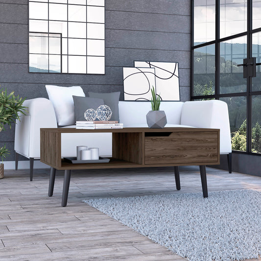 Modern dark wood coffee table with open shelf and drawer