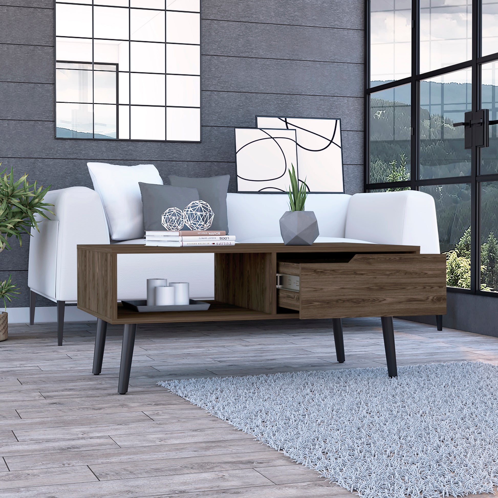 Modern coffee table with walnut veneer and drawer