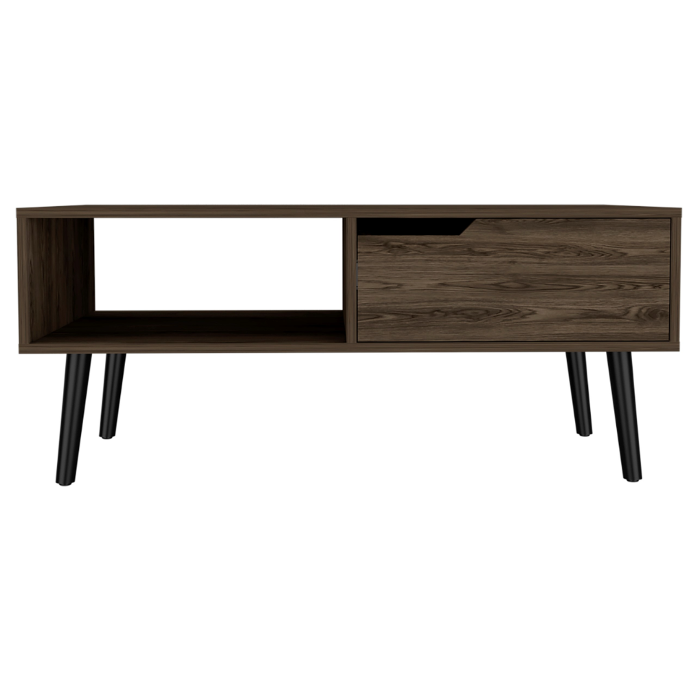 Dark wood media console with open shelf and drawer on black tapered legs