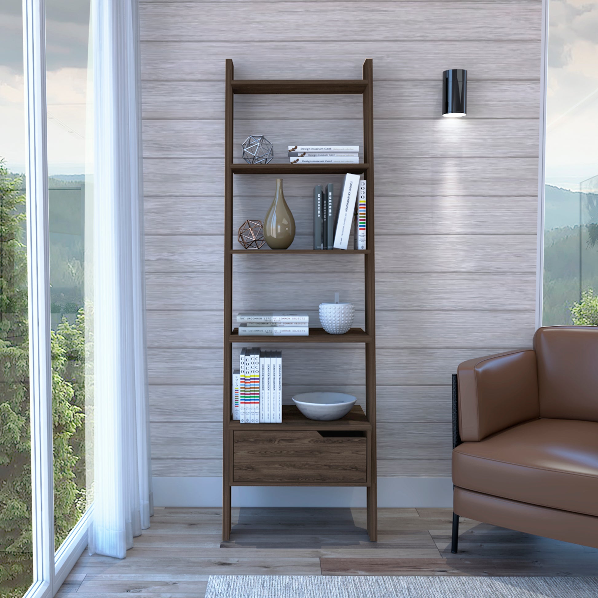 Dark brown wooden ladder bookshelf with decorative items