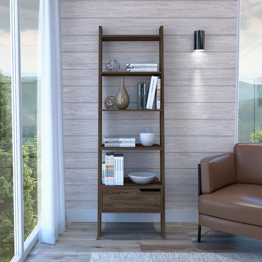 Dark brown wooden ladder bookshelf with decorative items