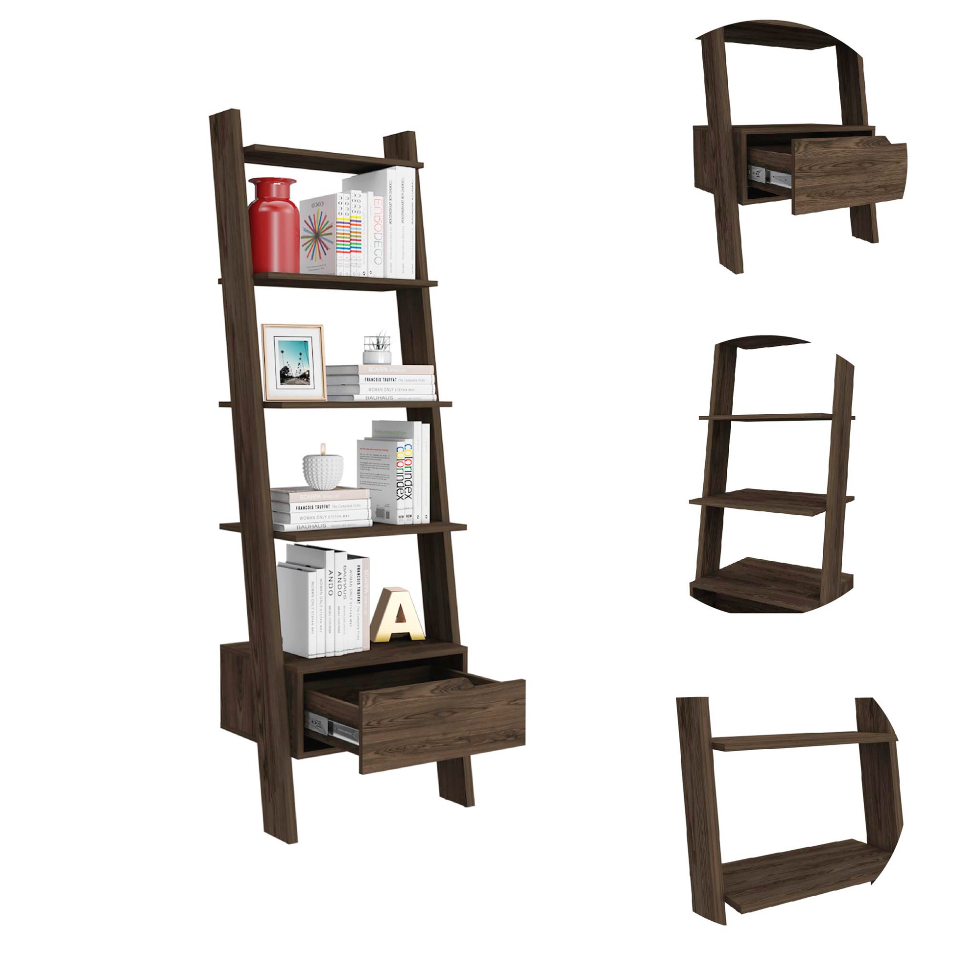 Dark wood ladder shelf with red vase and books