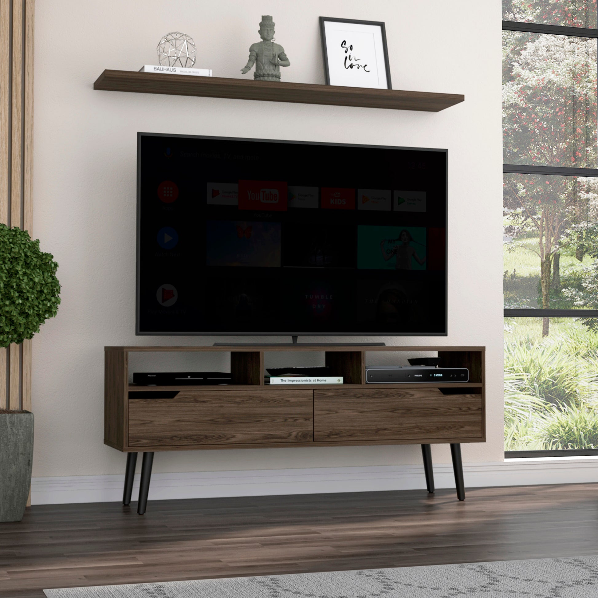 Modern dark wood TV stand with metal legs and two drawers for media storage