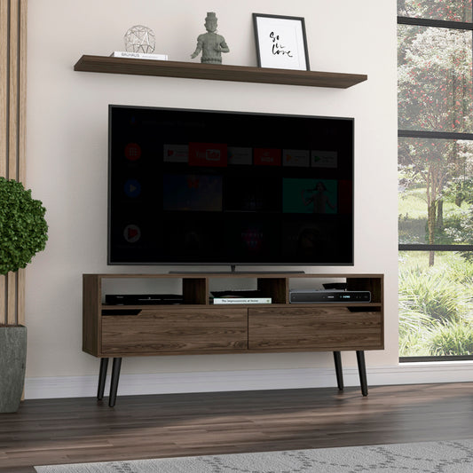Modern dark wood TV stand with metal legs and two drawers for media storage