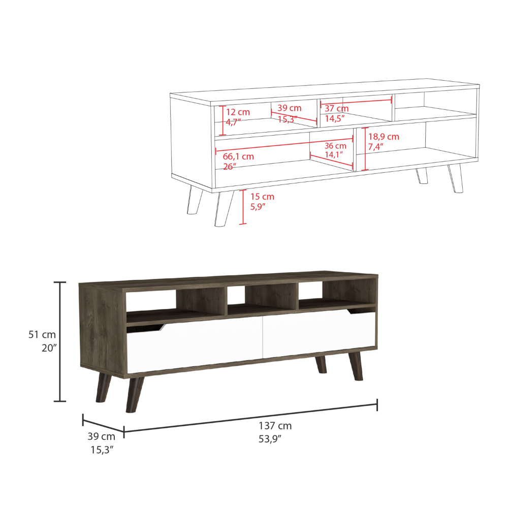 Modern dark wood TV stand with white drawers and angled legs