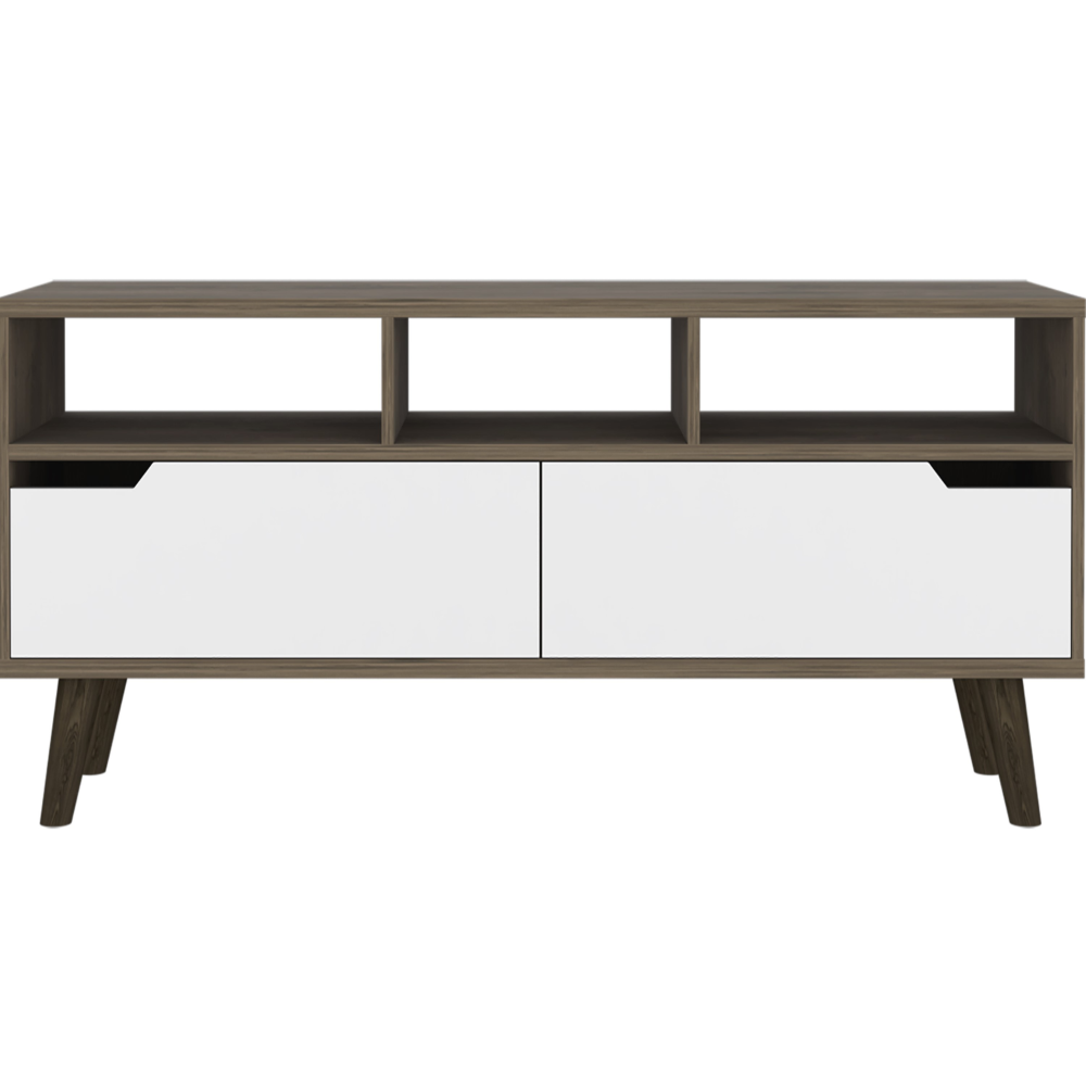 Modern TV stand with dark wood finish and white drawers