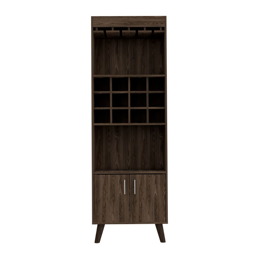 Tall dark wood wine cabinet with glass rack and  bottle cubbies