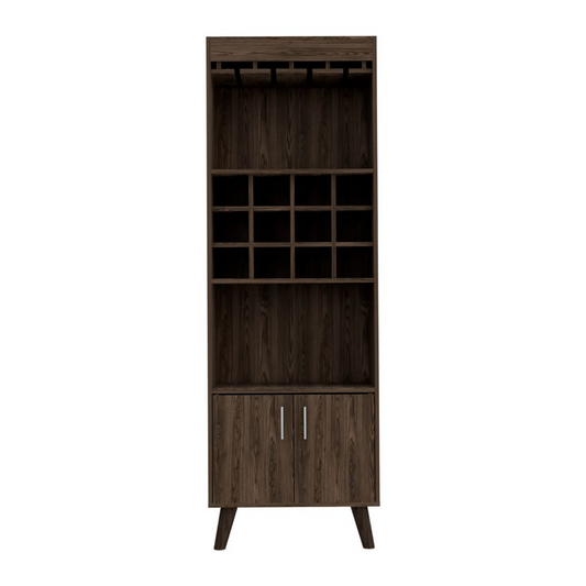 Tall dark wood wine cabinet with glass rack and  bottle cubbies