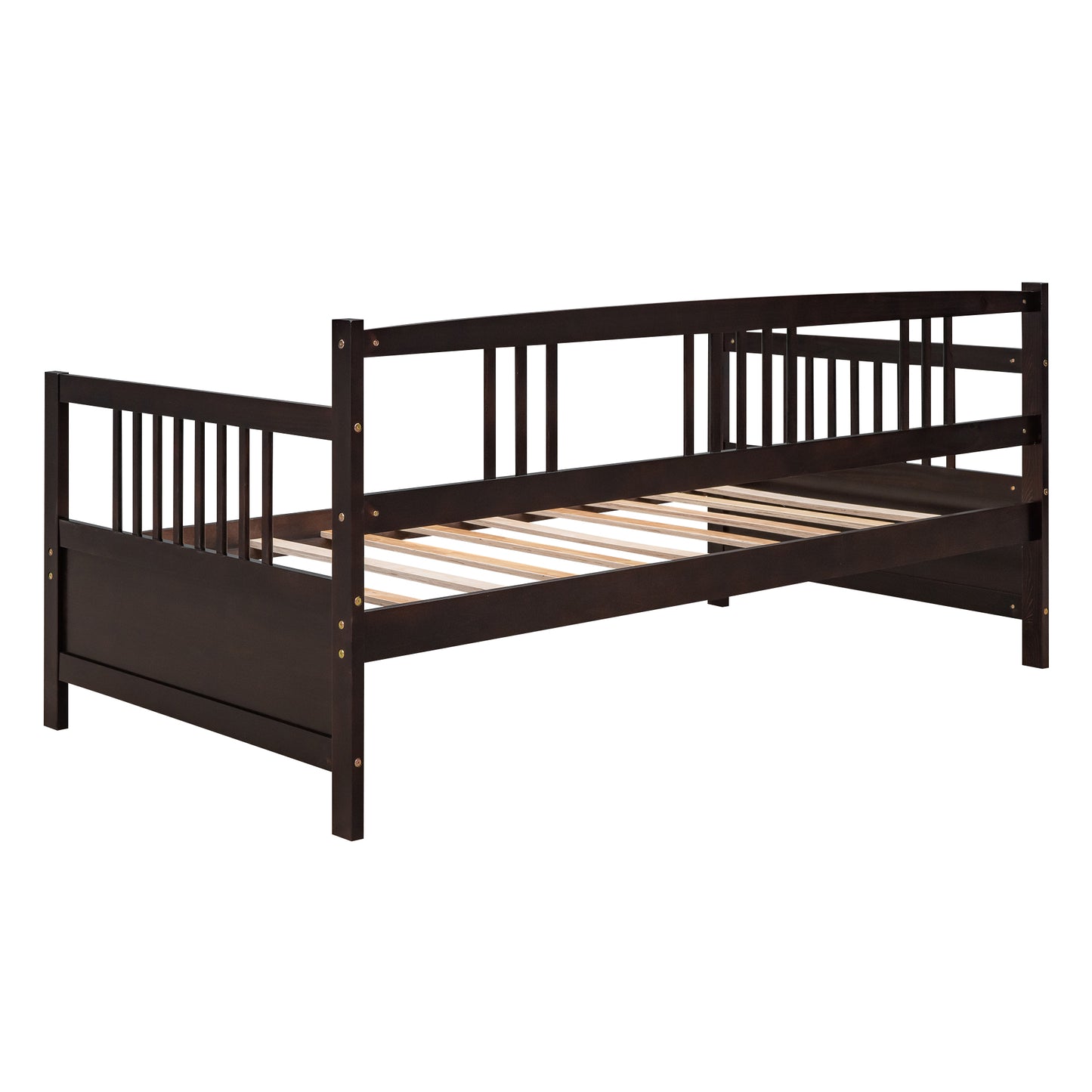 Dark brown wooden daybed with slatted base and spindle back