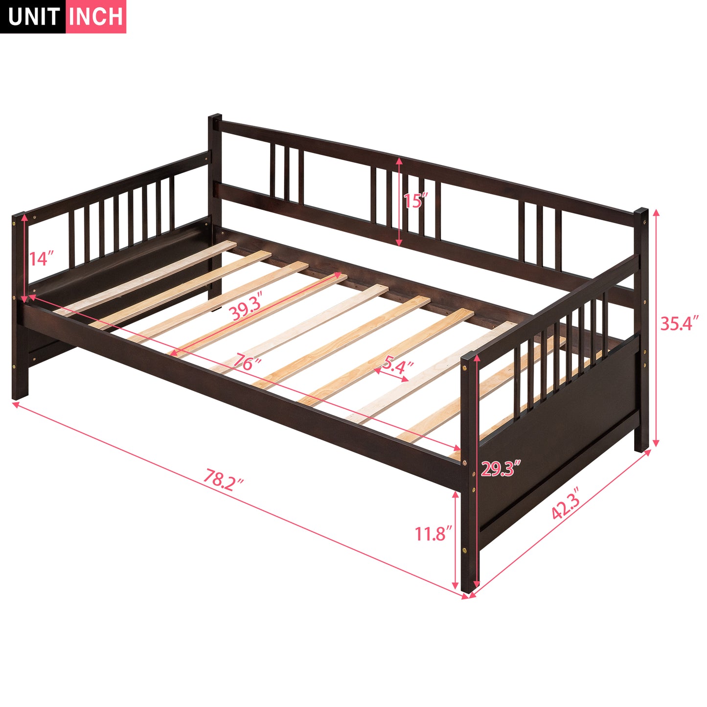 Dark brown wooden daybed with slatted base and rail accents  L