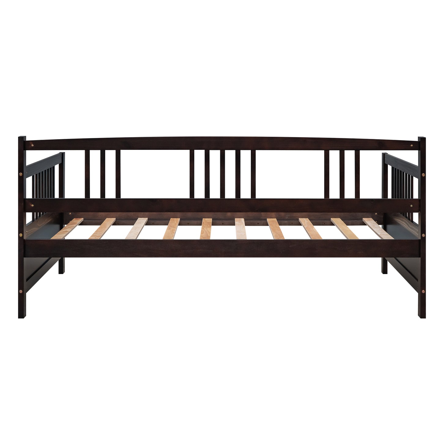 Dark brown wooden daybed with slatted mattress support