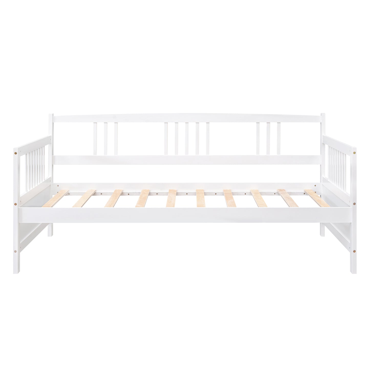 White wooden daybed with slatted base versatile for seating or sleeping