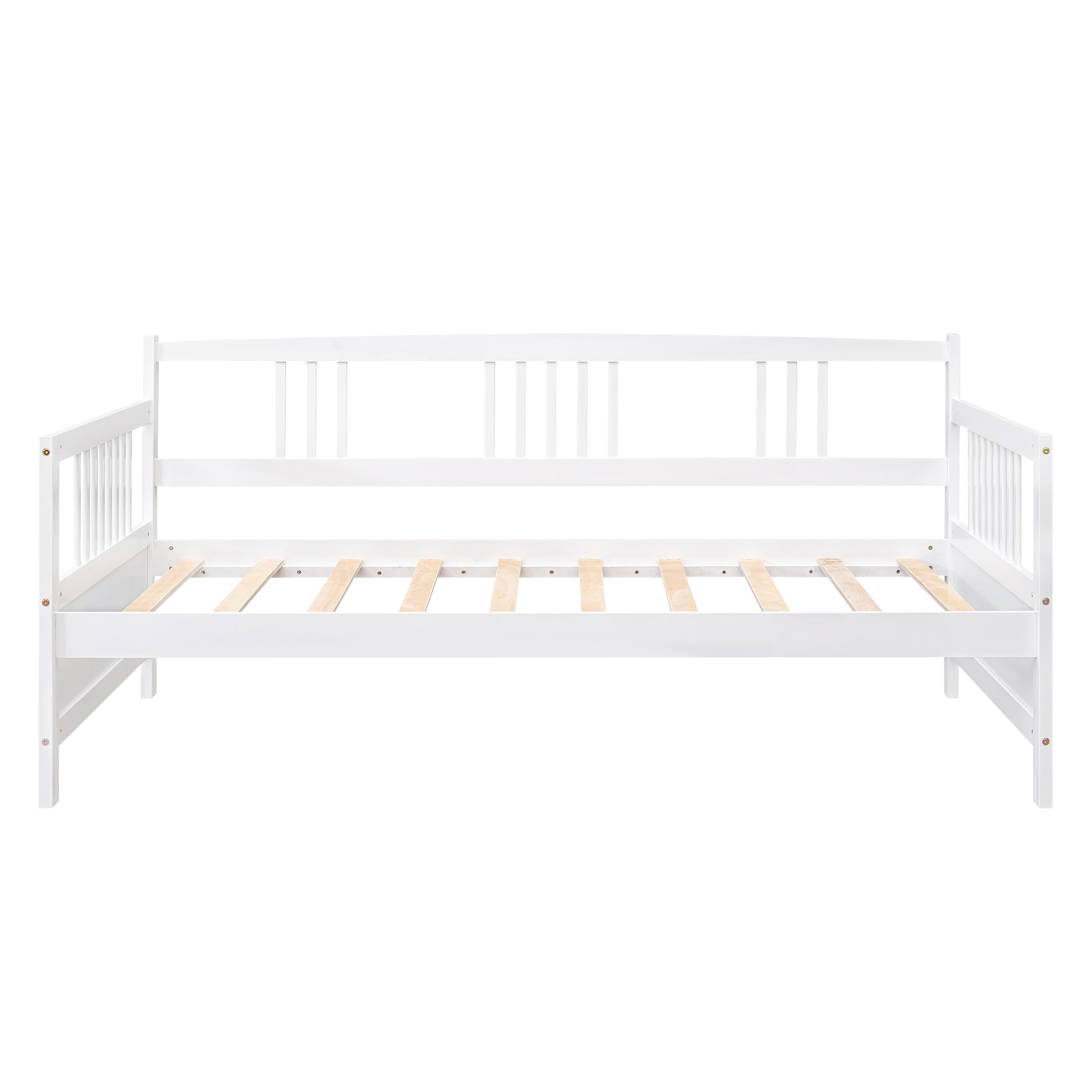 White wooden daybed with slatted base versatile for seating or sleeping