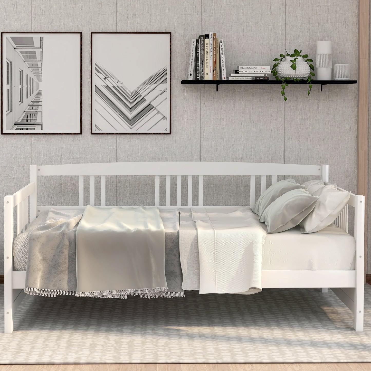 White wooden daybed with white bedding and pillows