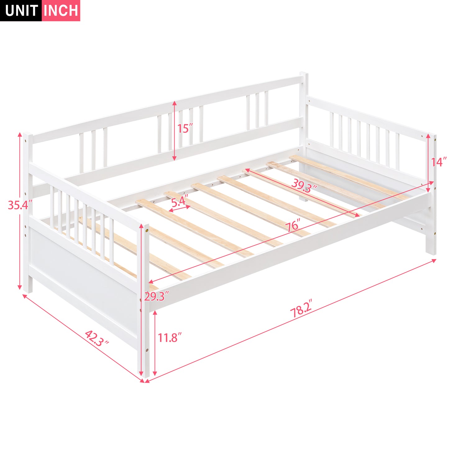 White wooden daybed with slatted base and detailed dimensions
