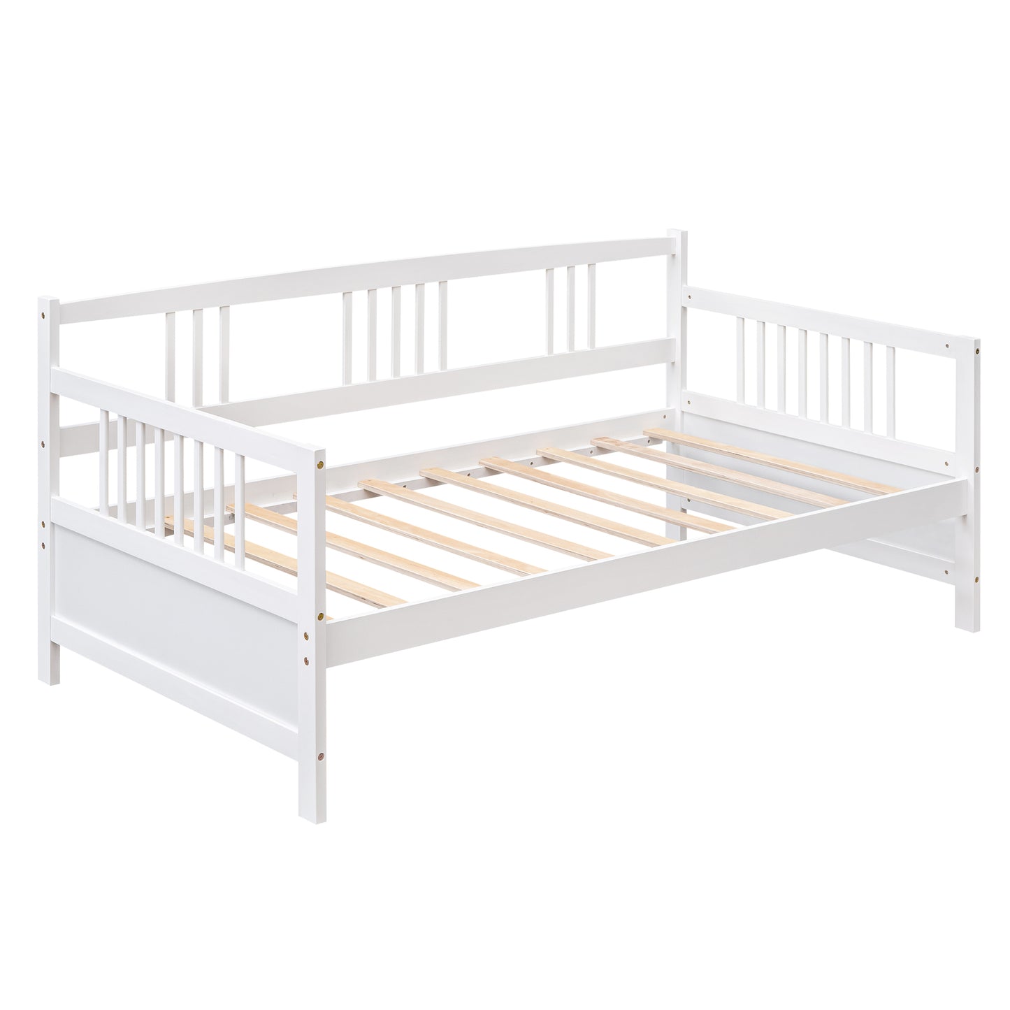 White wooden daybed with slatted base and spindle back