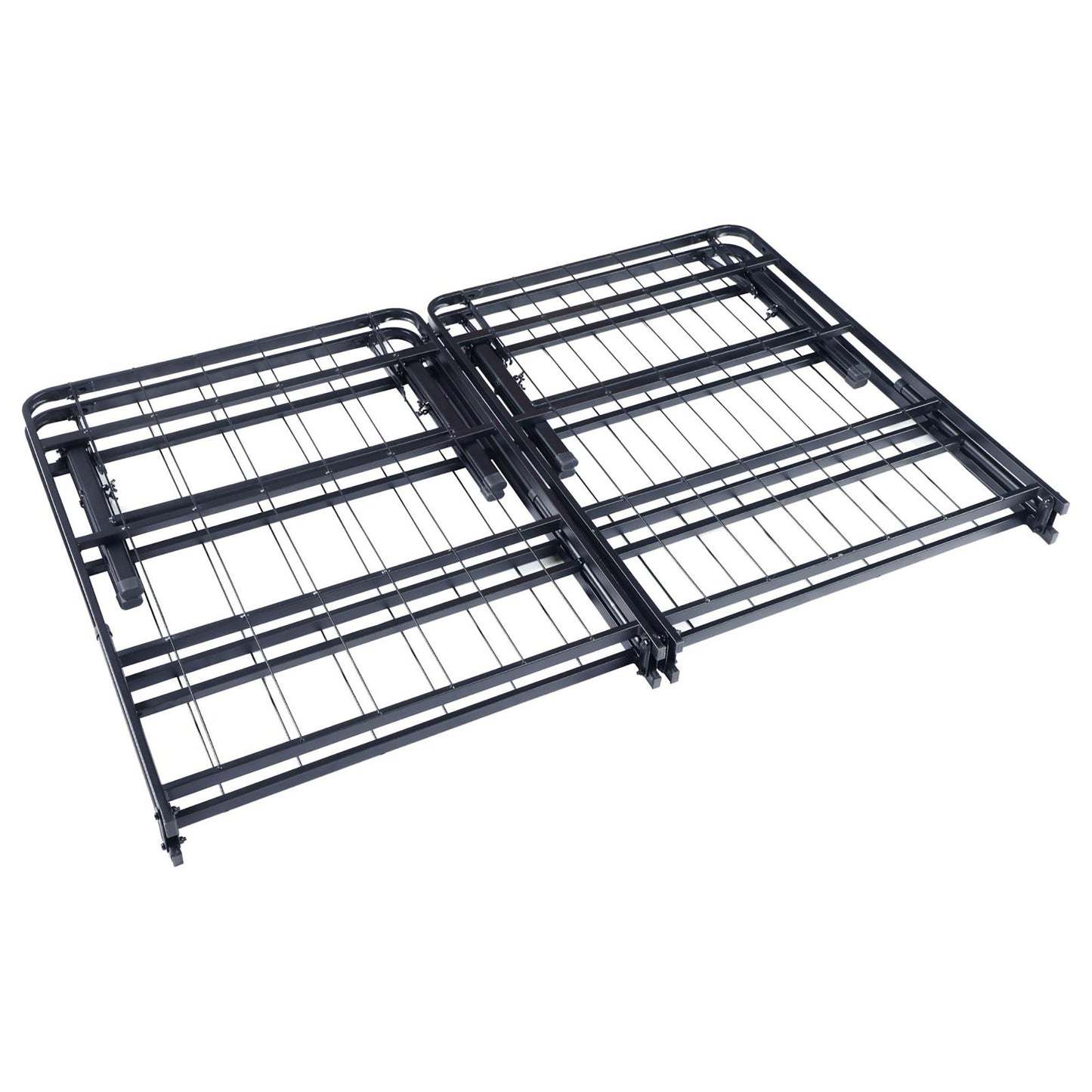 Black metal folding bed frame with slats for mattress support