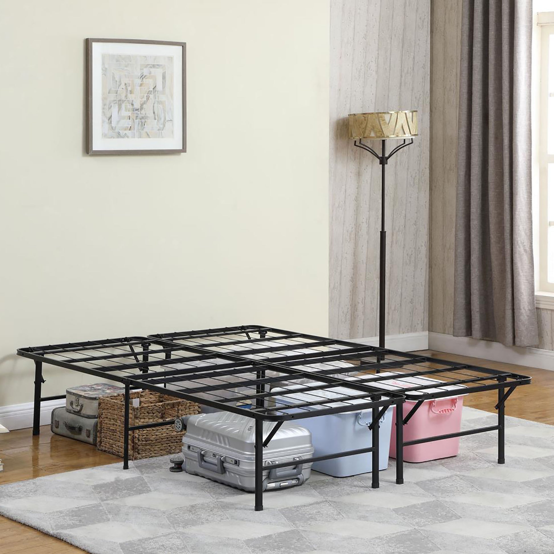 Black metal queen bed frame with underbed storage solution