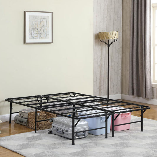 Black metal queen bed frame with underbed storage solution