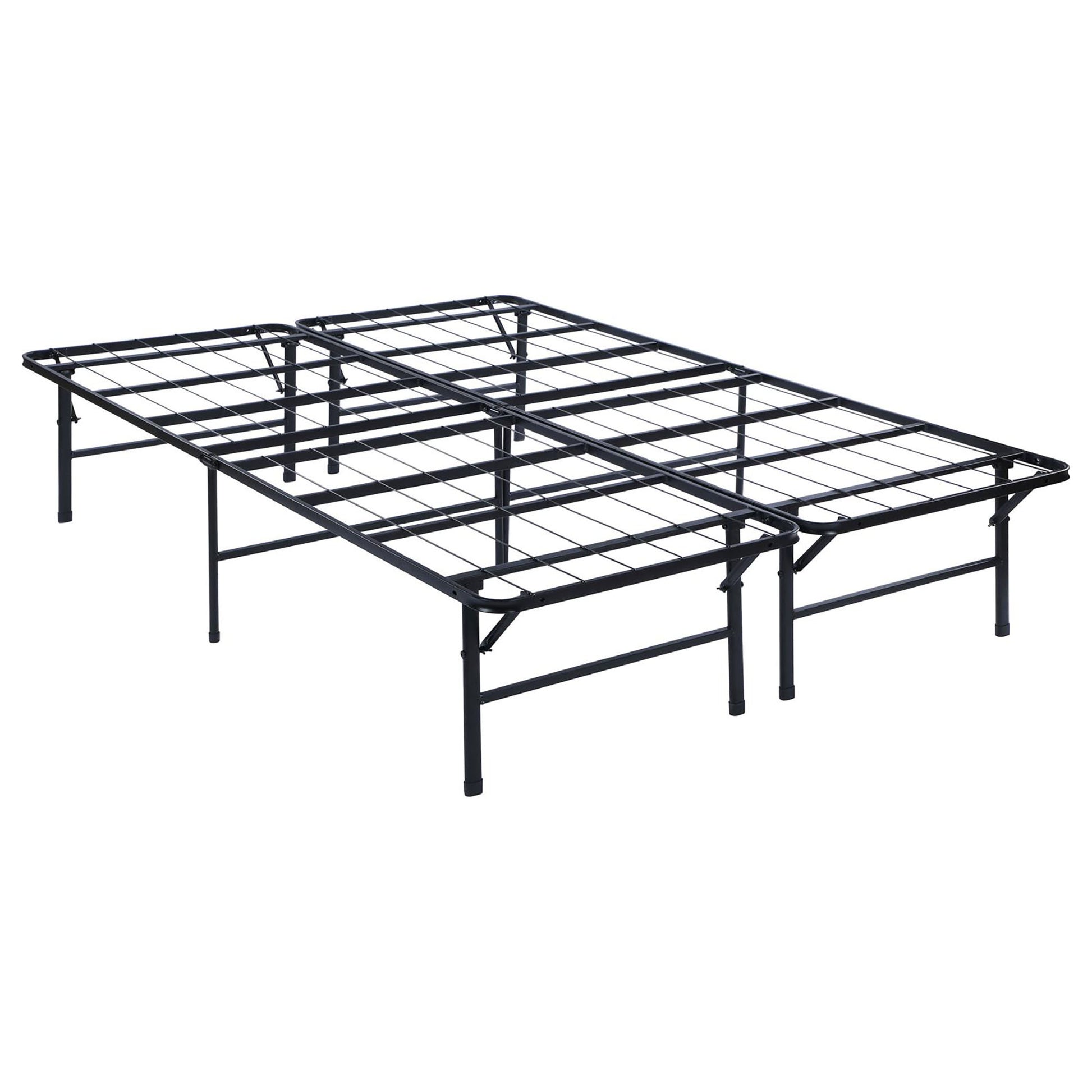 Black metal queen bed frame with a foldable design for easy storage and transport