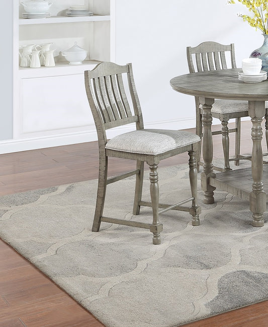Gray distressed wood counter stool with upholstered seat