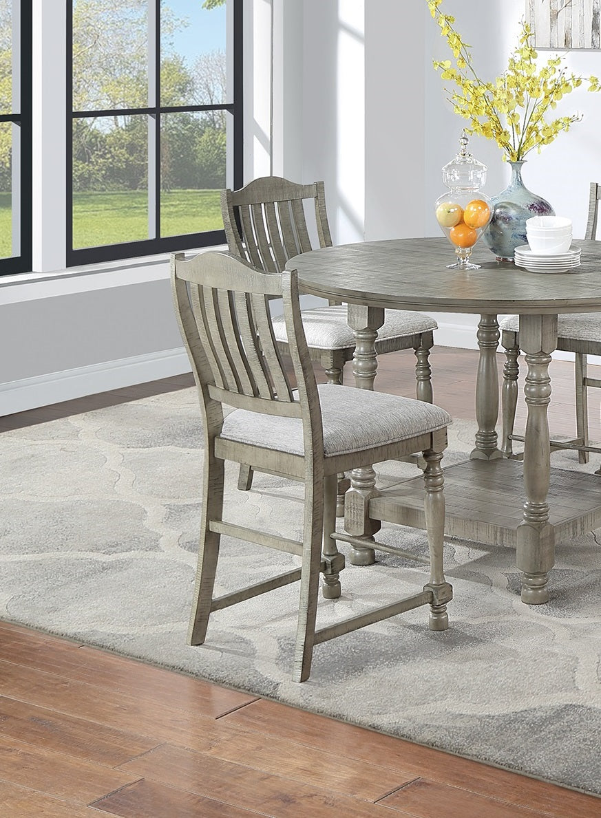 Rustic gray wooden counter height stool with padded seat