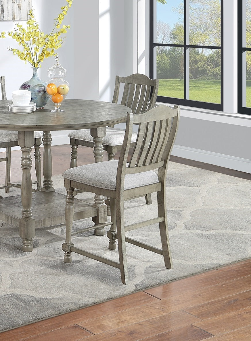 Gray wooden dining chair with upholstered seat