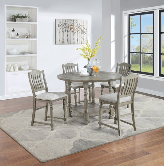Rustic grey wood counter height table set with upholstered stools