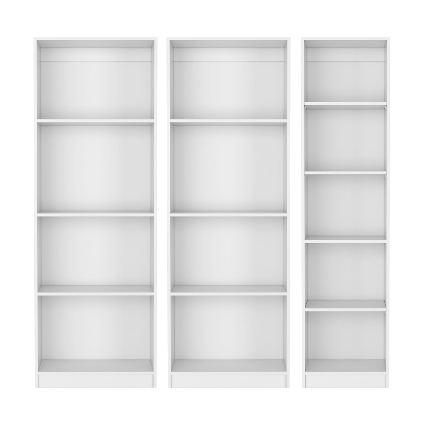 Three white modern modular bookshelves