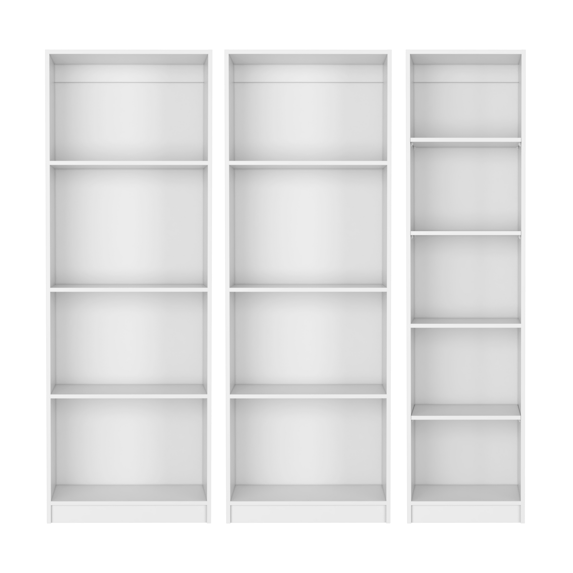 Three white modern modular bookshelves