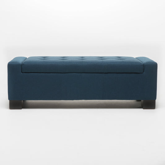 Deep blue fabric storage ottoman with tufted lid