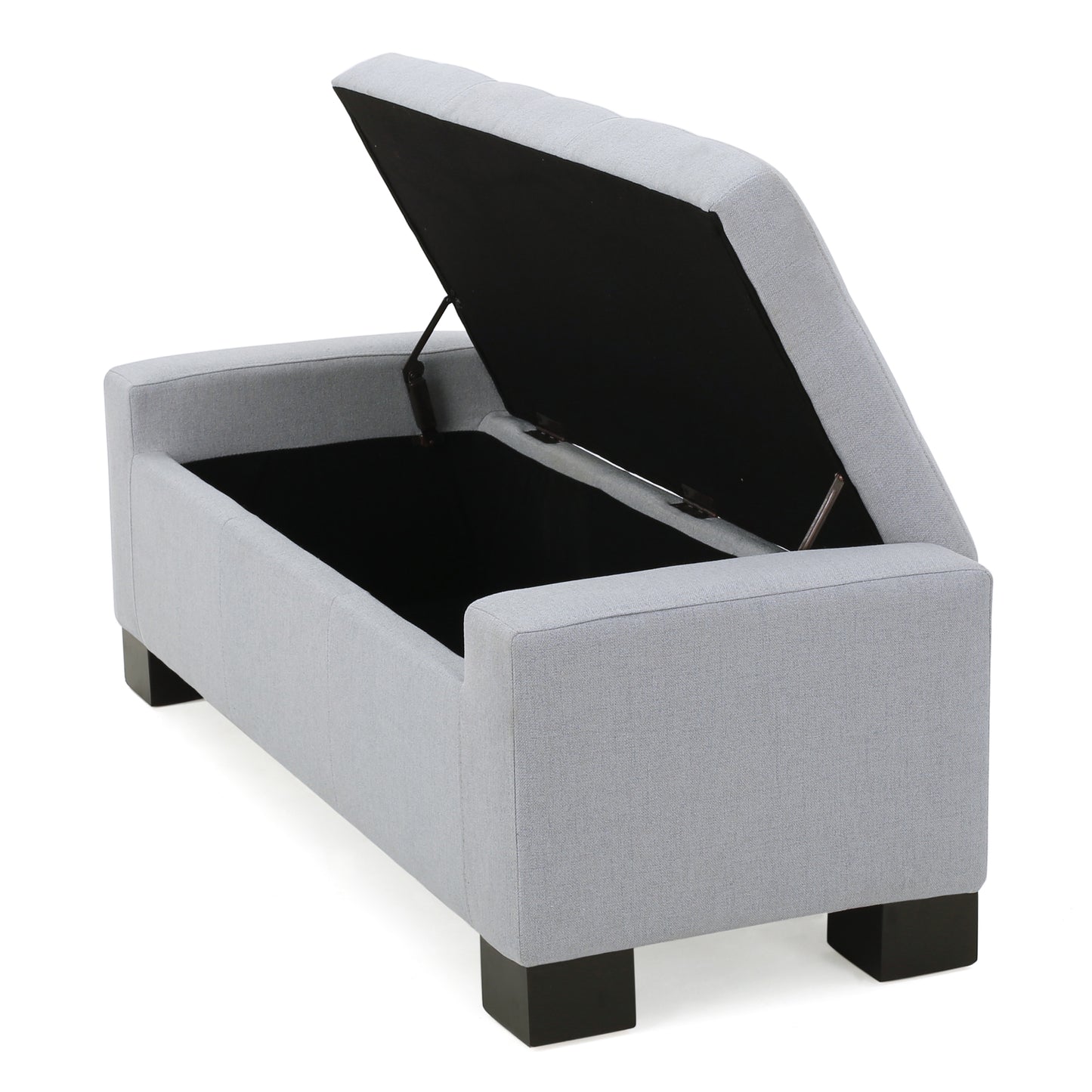 Light grey fabric storage ottoman with open lid and black interior