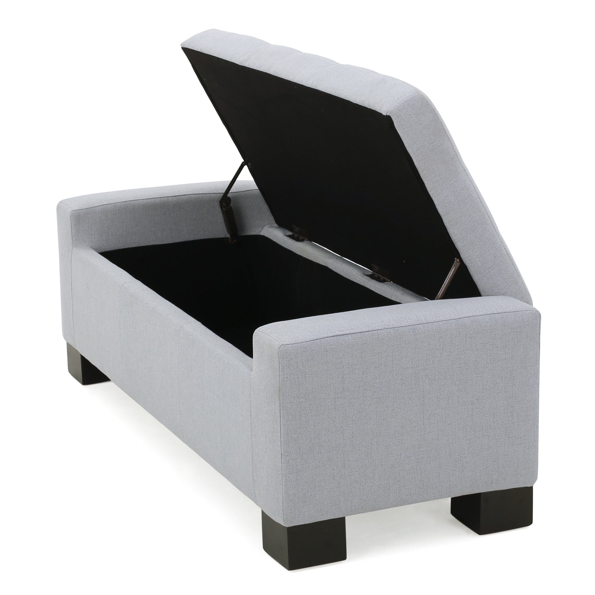 Light grey fabric storage ottoman with open lid and black interior