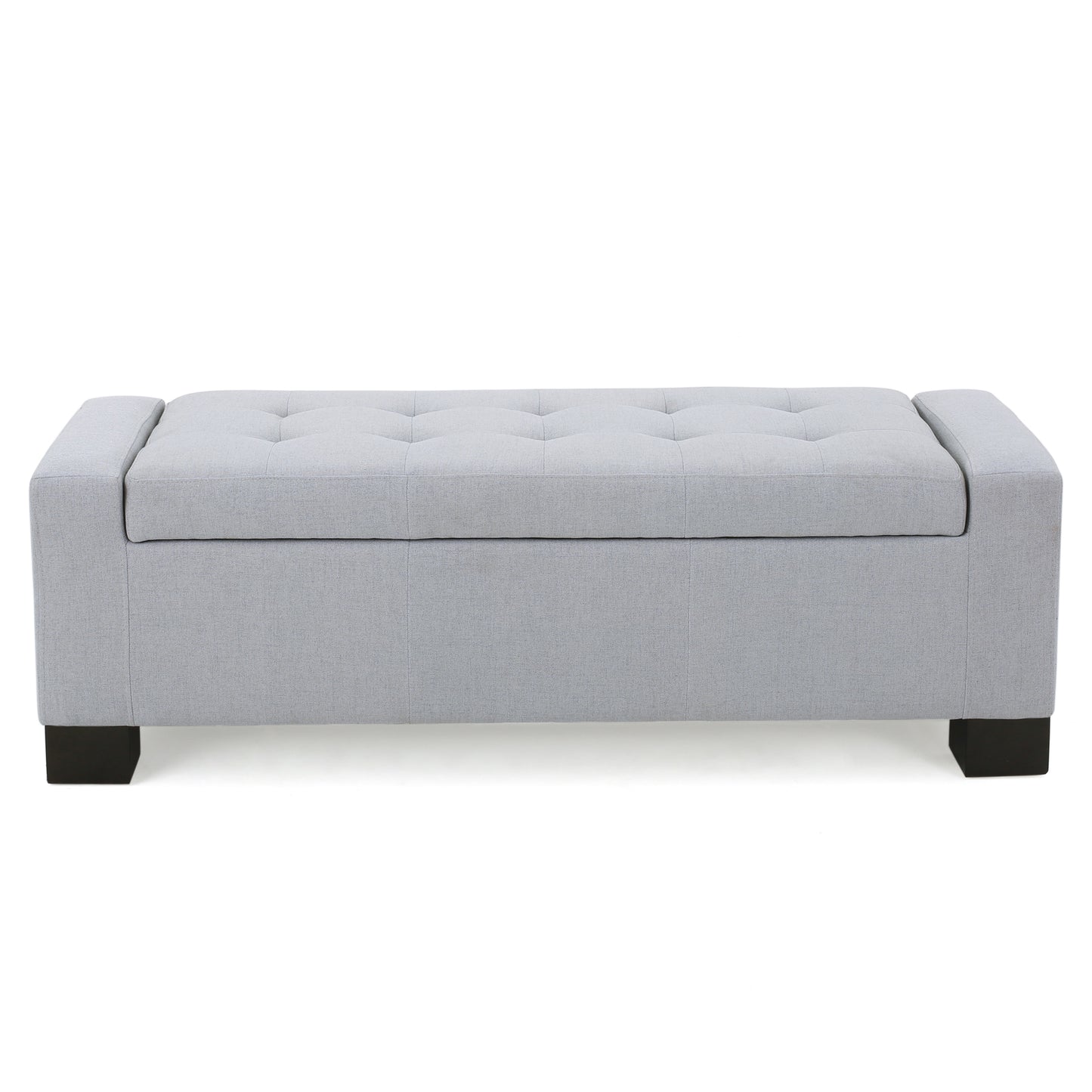 Light grey fabric storage ottoman with diamond tufting on lid